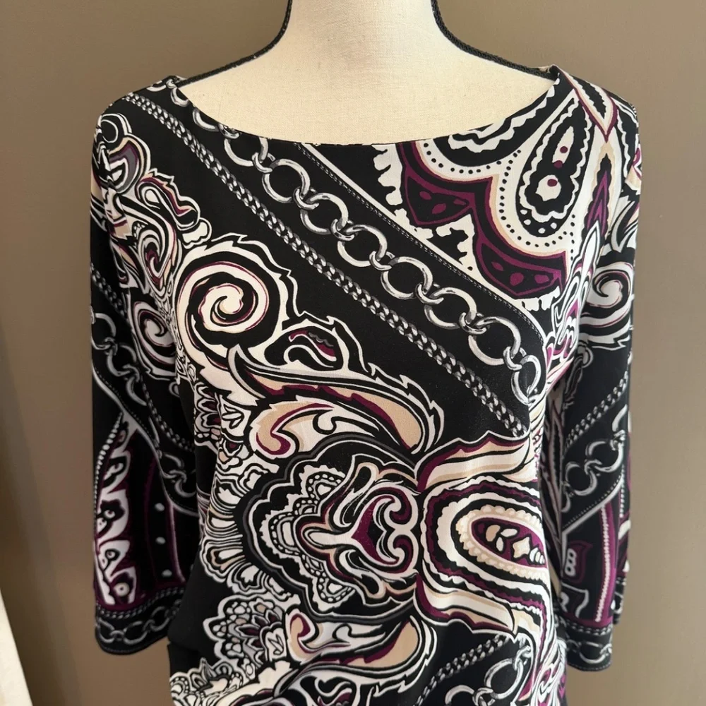 White House Black Market Paisley Chain Link Tunic Top, 3/4 Sleeve, Size Medium - Picture 2 of 10